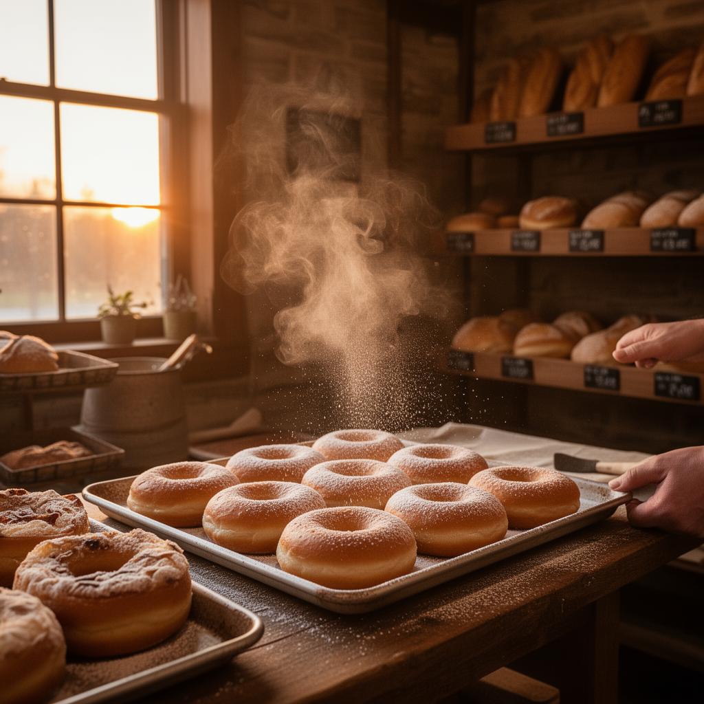 Baker dusting fresh donuts with powdered sugar at sunrise