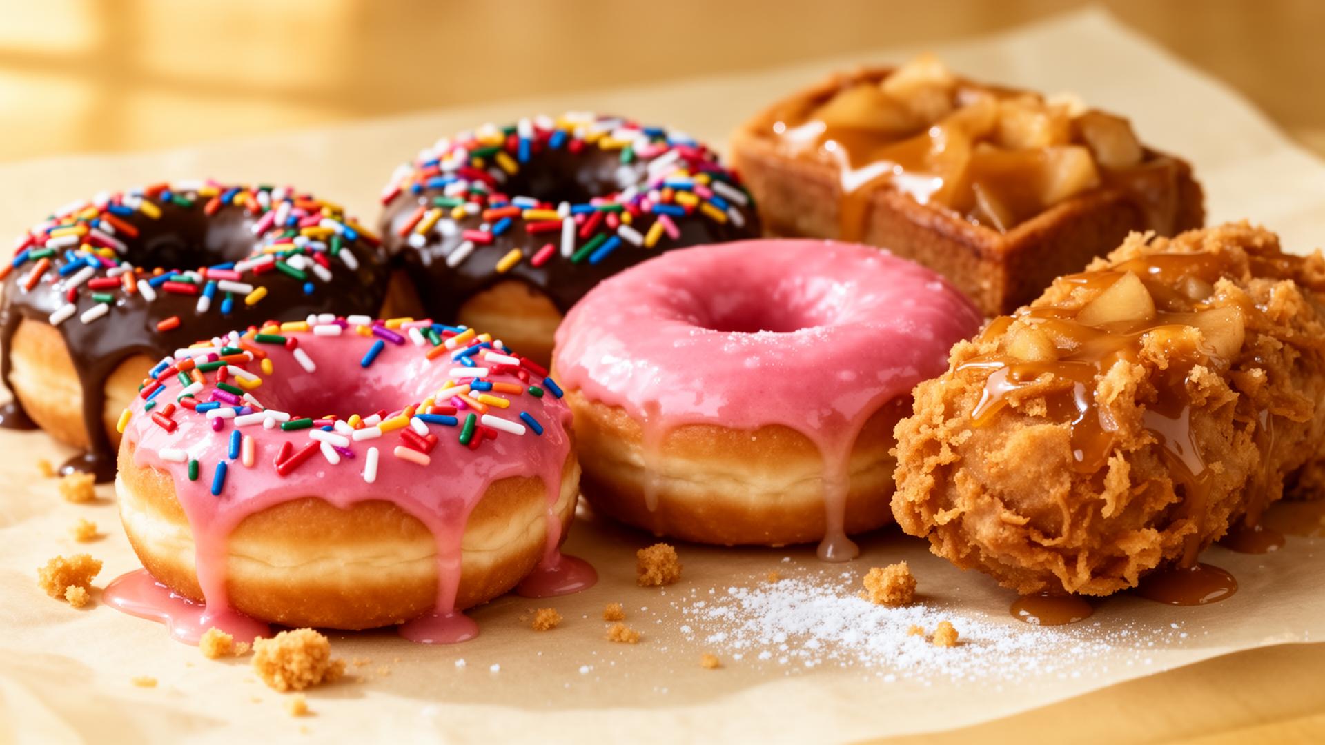 Fresh assorted donuts: chocolate sprinkle, pink strawberry iced, glazed, and apple fritter
